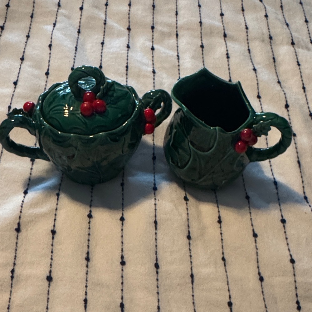 Lefton Green Ceramic Sugar Bowl and Creamer with Red Berry Handles